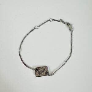 Dior Silver Tone Crystal Heart Plaque Chain Charm Bracelet Red Enamel Logo